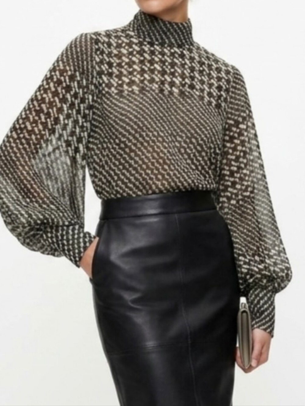 Romantic Billowing Sheer Sleeves Olive, Taupe & Black Patterned High Collar Top